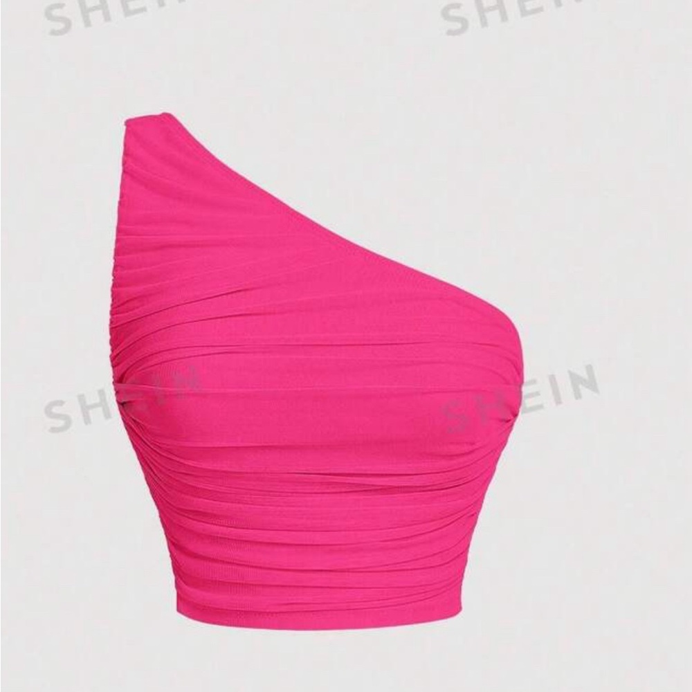 selling this Pink Asymmetrical Summer Mesh One Shoulder Ruched Top